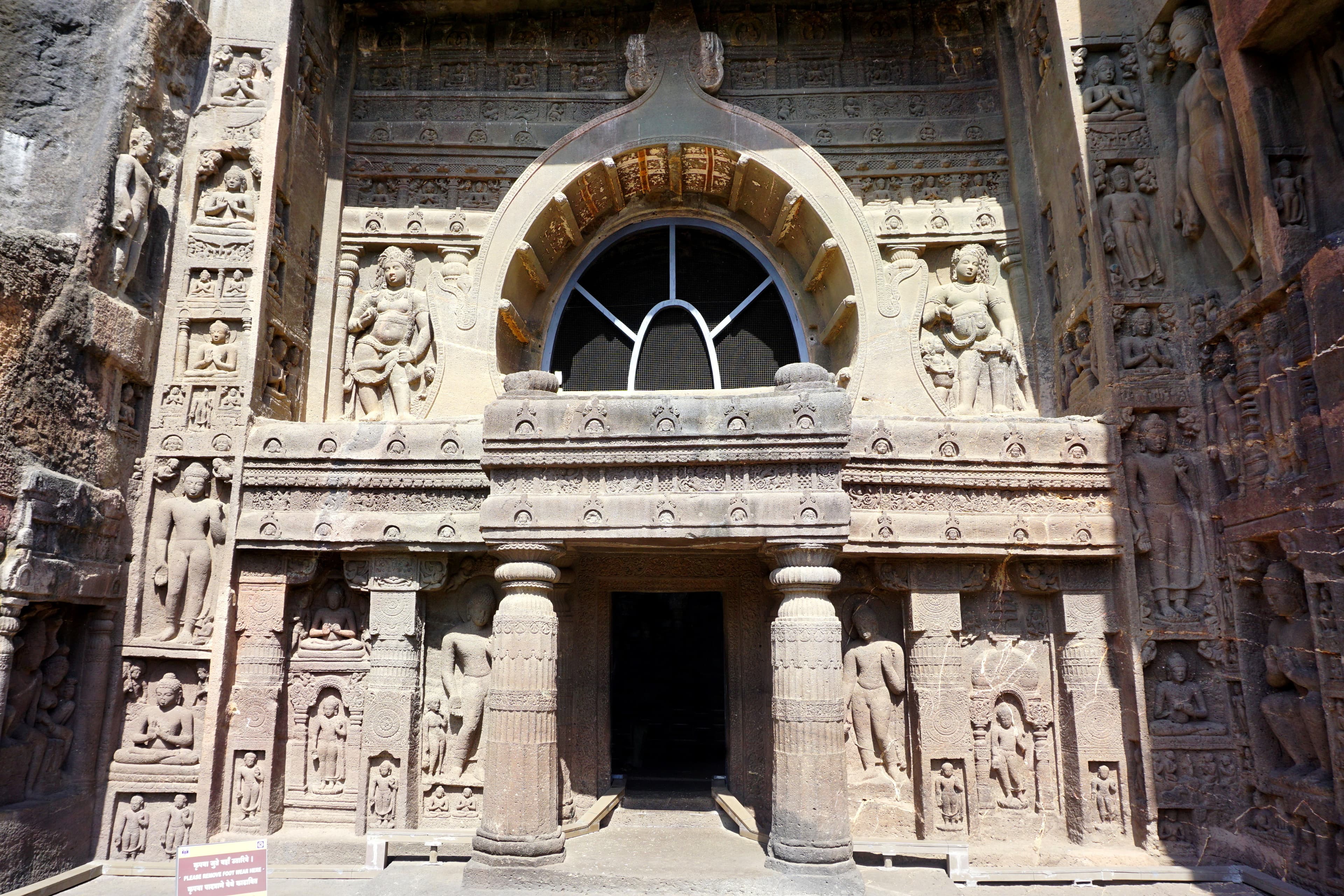 Facade of Cave 19 at Ajanta in Maharashtra, India.