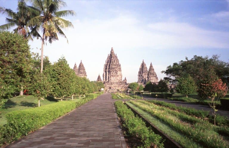 Prambanan temple towers in the morning light in Central Java, Indonesia.