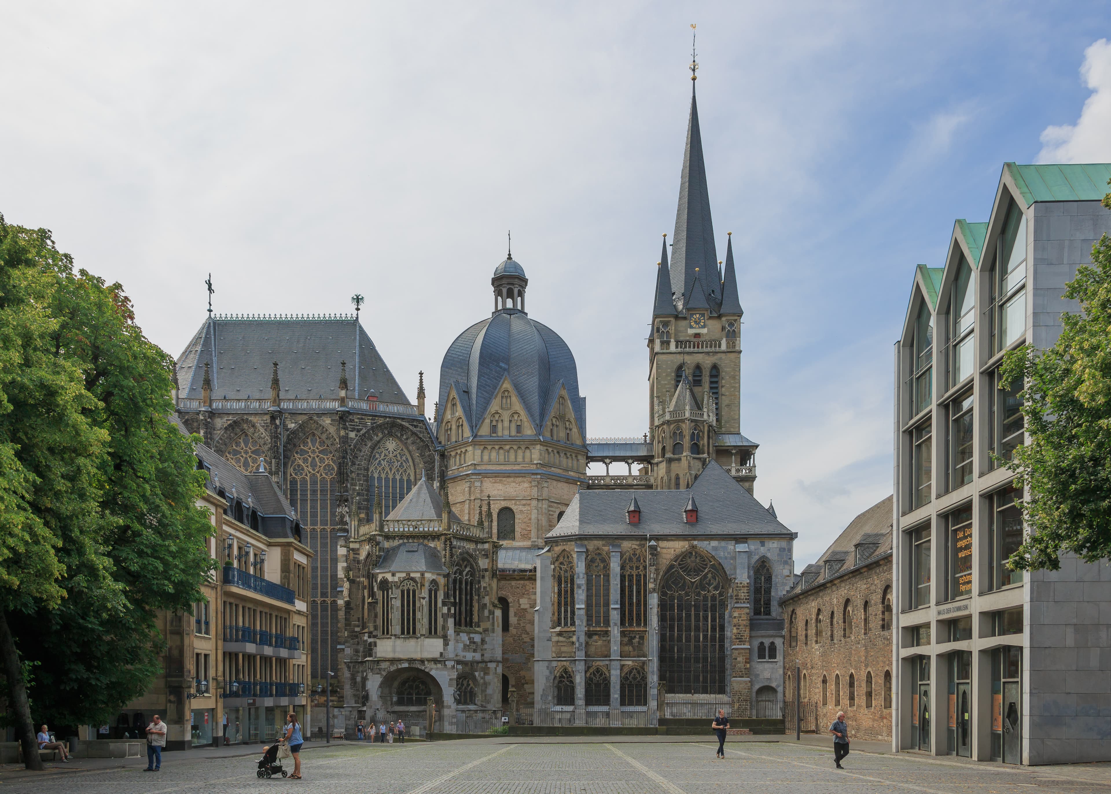 Exterior view of Aachen Cathedral with the Palatine Chapel in Aachen, Germany.