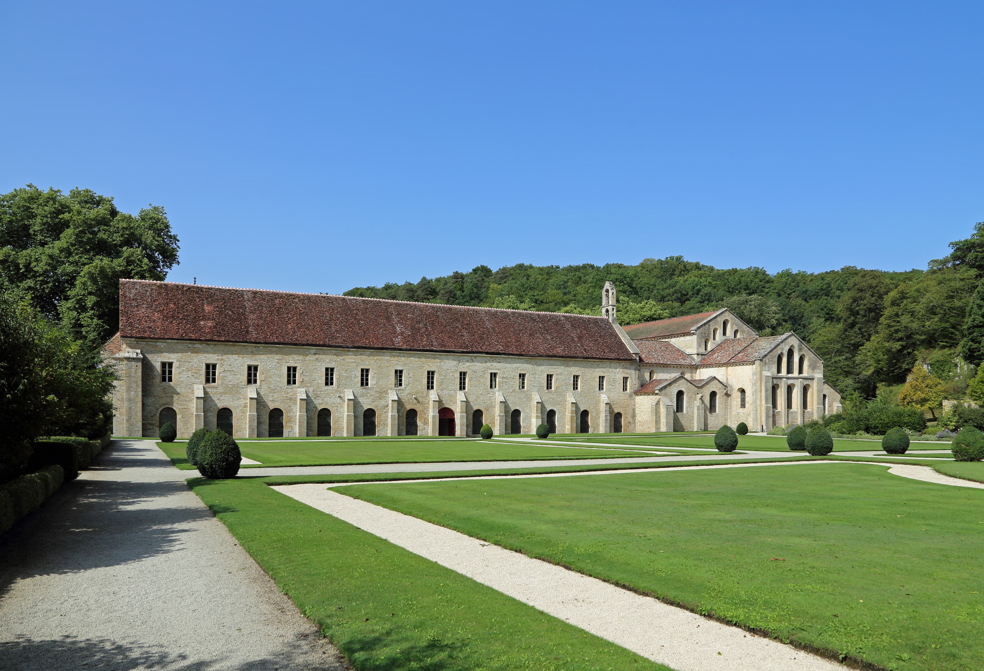 Exterior view of the Abbey of Fontenay in Marmagne, France.