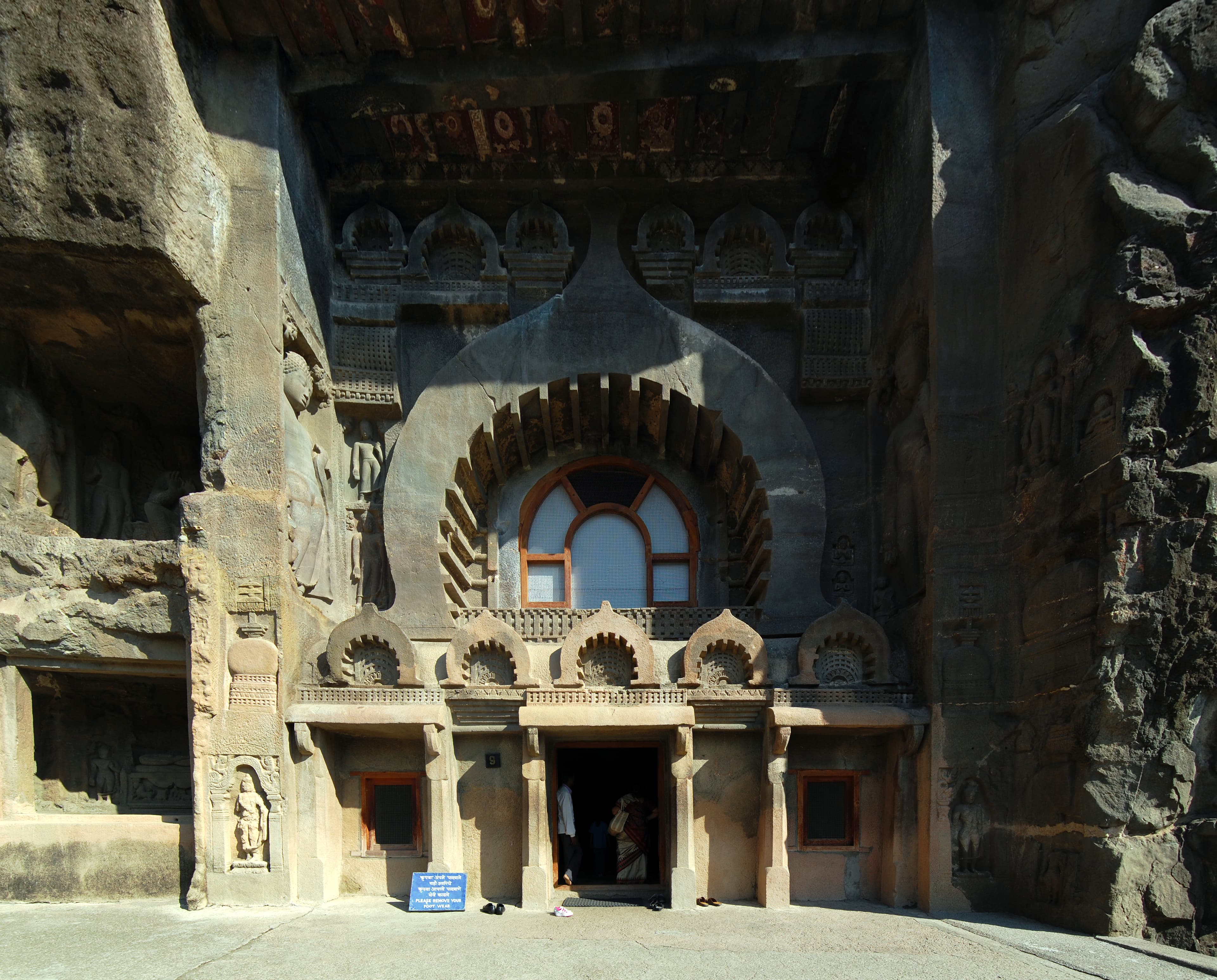 Rock-cut chaitya facade at Ajanta Caves in Maharashtra, India.