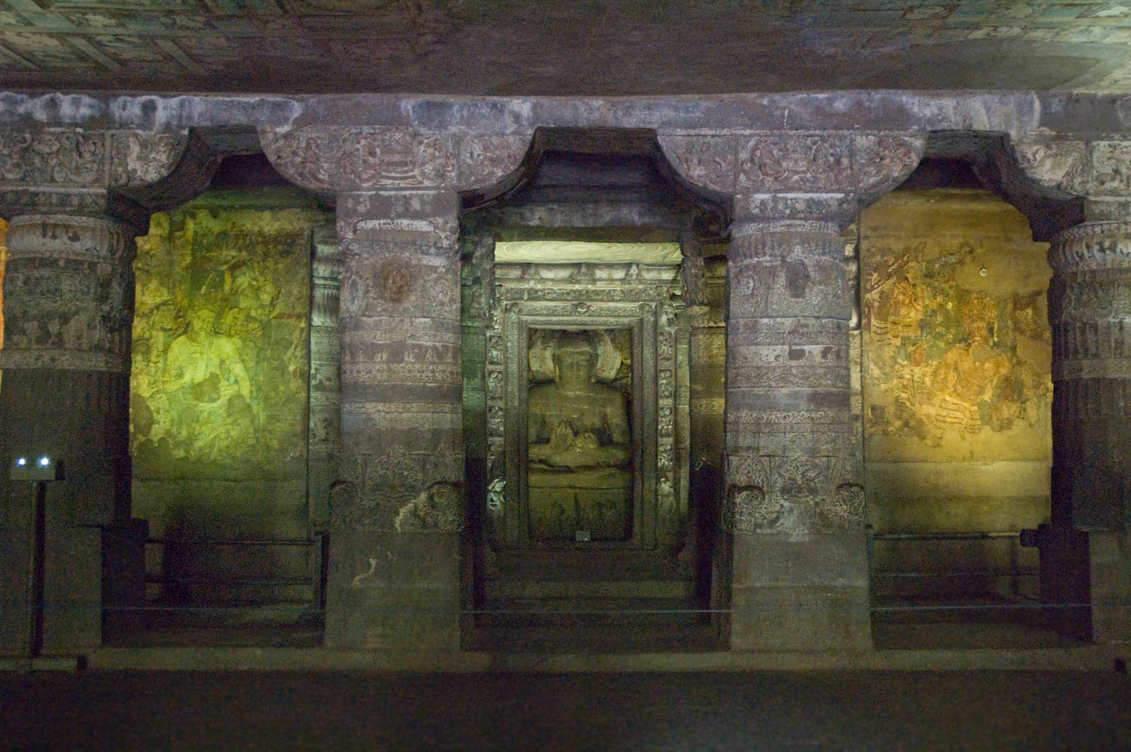 Main hall and shrine of Cave 1 at Ajanta in Maharashtra, India.