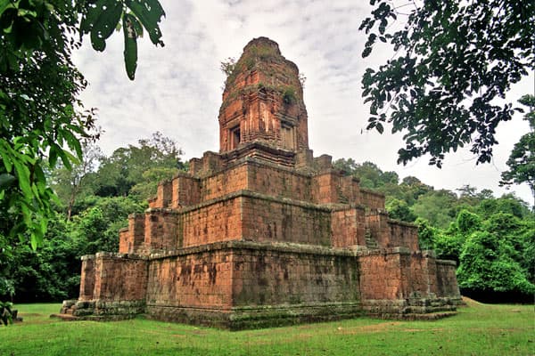 Steep stepped pyramid temple of Baksei Chamkrong at Angkor, Cambodia.
