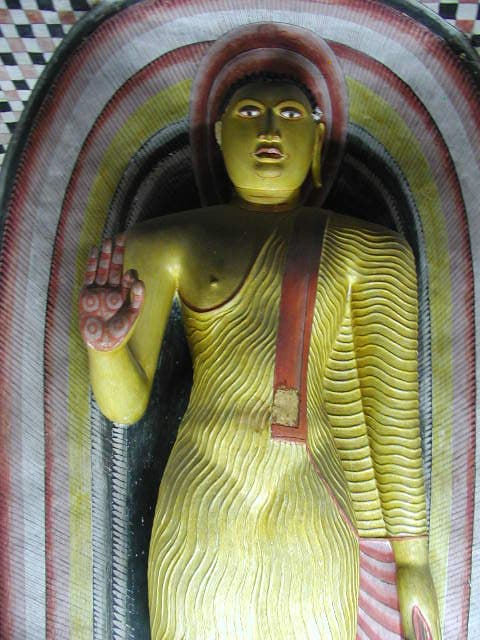 Cave shrine interior at Dambulla Cave Temple in Sri Lanka.