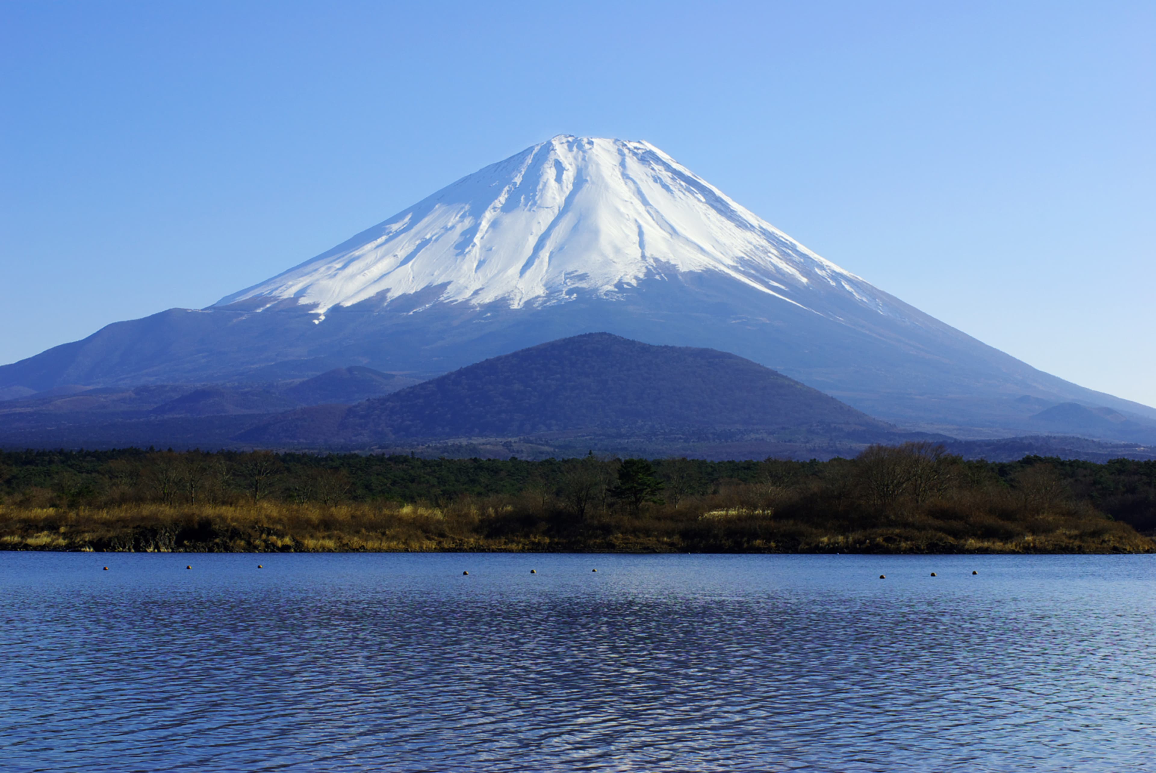 Mount Fuji seen from Lake Shoji with Mount Omuro in the foreground.